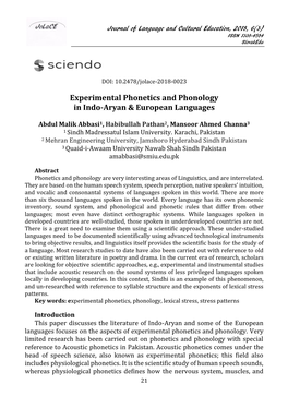 Experimental Phonetics and Phonology in Indo-Aryan & European Languages