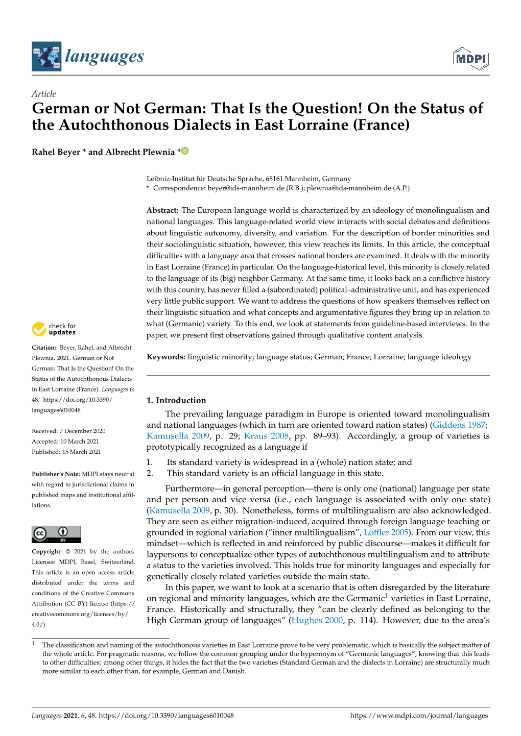 German Or Not German: That Is the Question! on the Status of the Autochthonous Dialects in East Lorraine (France)