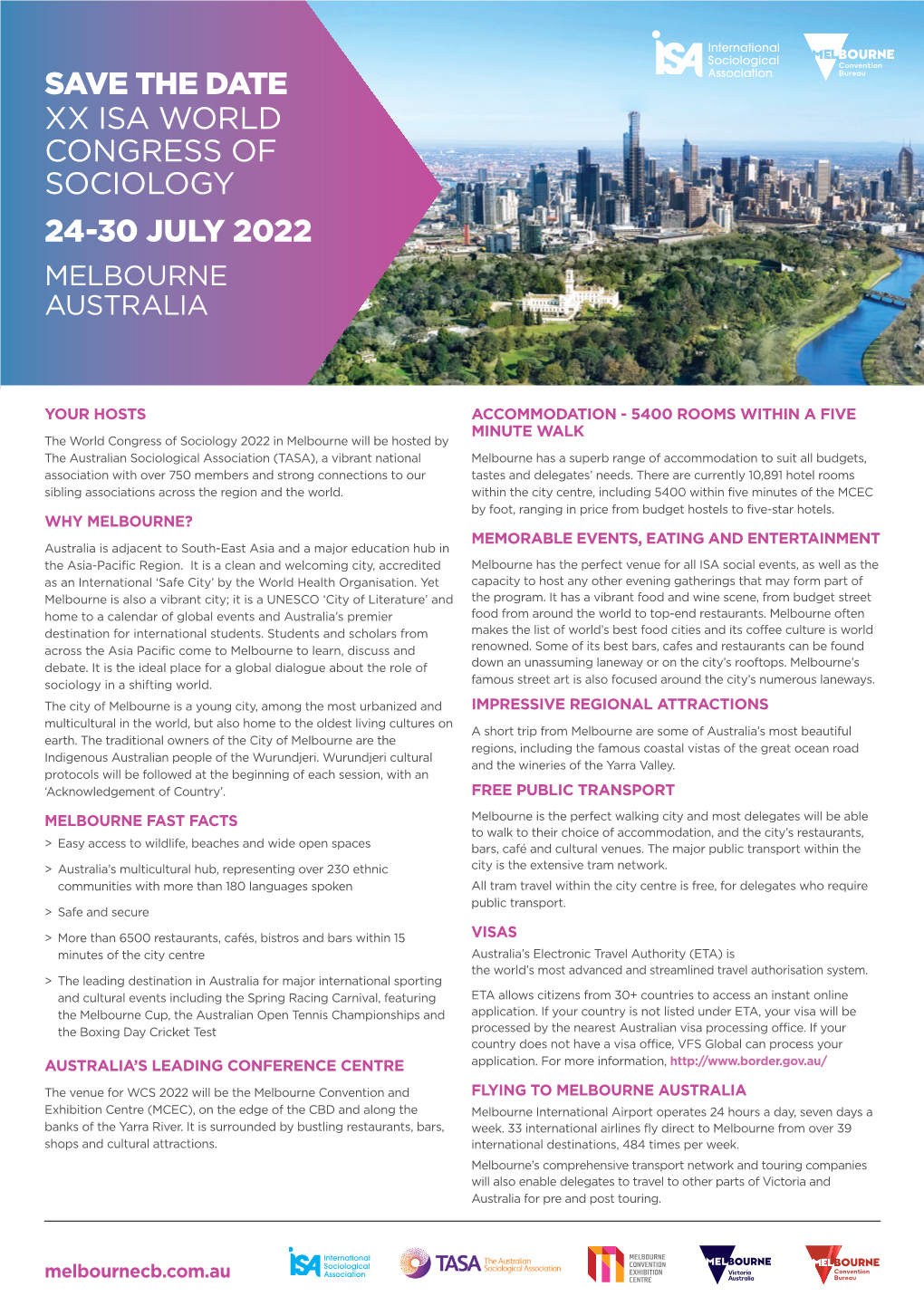 Save the Date Xx Isa World Congress of Sociology 24-30 July 2022 Melbourne Australia