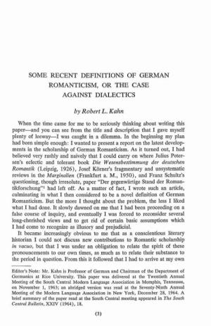 Some Recent Definitions of German Romanticism, Or the Case Against Dialectics