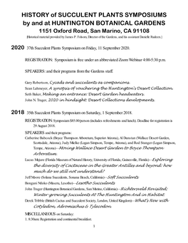 HISTORY of SUCCULENT PLANTS SYMPOSIUMS by and at HUNTINGTON BOTANICAL GARDENS 1151 Oxford Road, San Marino, CA 91108 {Historical Material Provided by James P