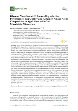 Glycerol Monolaurate Enhances Reproductive Performance, Egg Quality and Albumen Amino Acids Composition in Aged Hens with Gut Microbiota Alternation