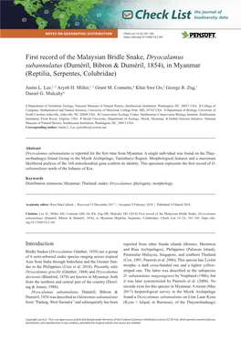 First Record of the Malaysian Bridle Snake, Dryocalamus Subannulatus (Duméril, Bibron & Duméril, 1854), in Myanmar (Reptilia, Serpentes, Colubridae)