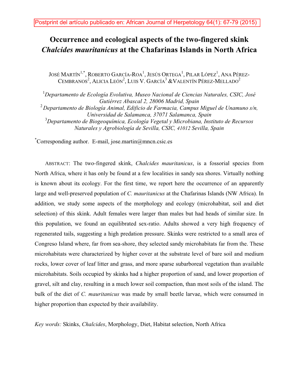 Occurrence and Ecological Aspects of the Two-Fingered Skink Chalcides Mauritanicus at the Chafarinas Islands in North Africa