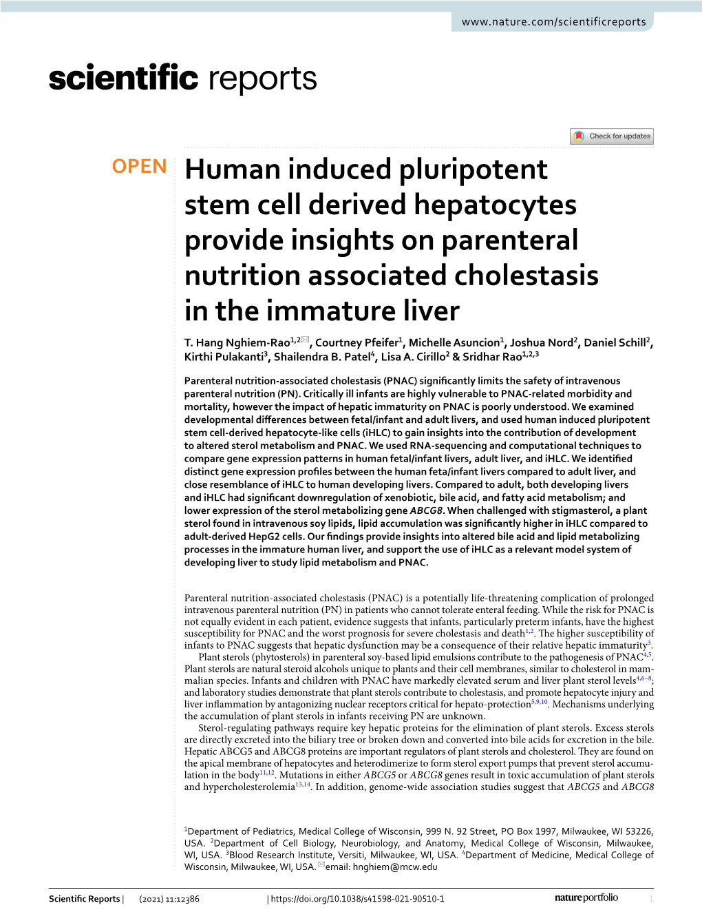 Human Induced Pluripotent Stem Cell Derived Hepatocytes Provide Insights on Parenteral Nutrition Associated Cholestasis in the Immature Liver T