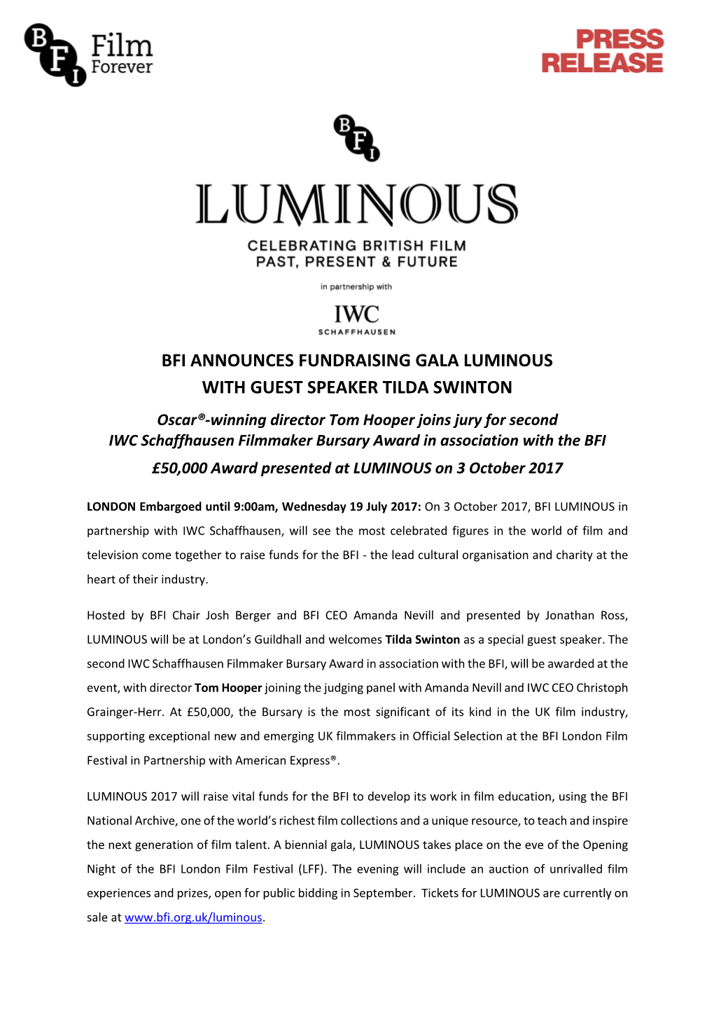 Bfi Announces Fundraising Gala Luminous with Guest Speaker Tilda