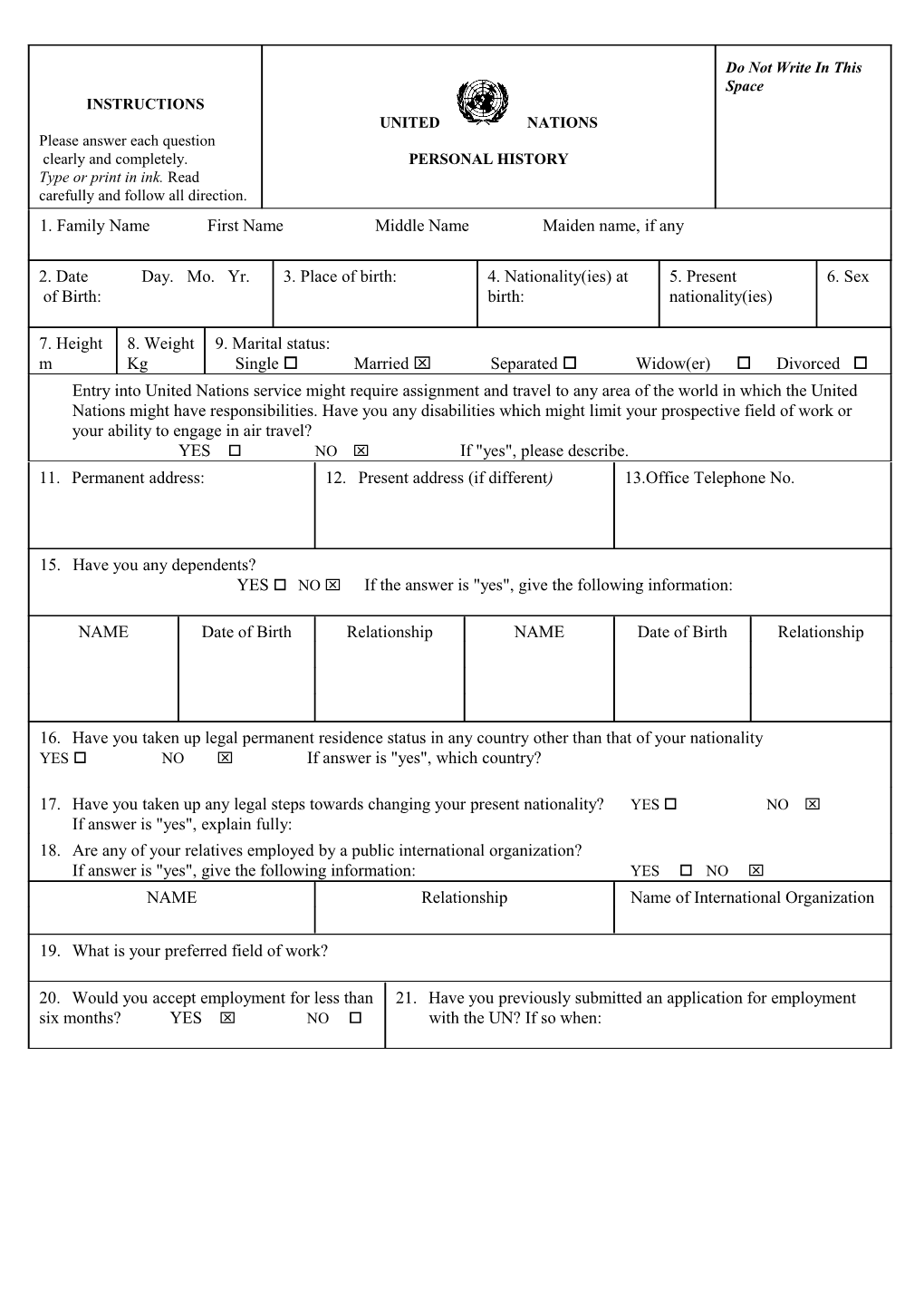 P11 Form : United Nations Personal History Form