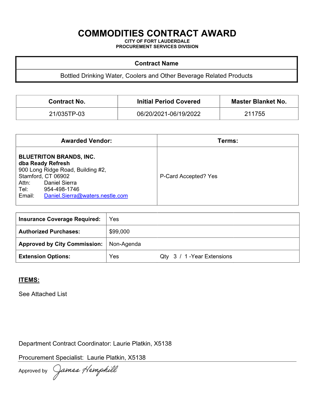 Commodities Contract Award City of Fort Lauderdale Procurement Services Division