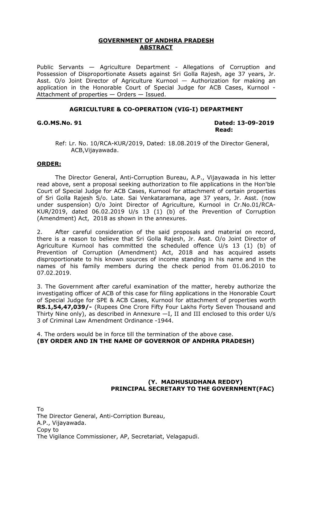 Agriculture Department - Allegations of Corruption and Possession of Disproportionate Assets Against Sri Golla Rajesh, Age 37 Years, Jr