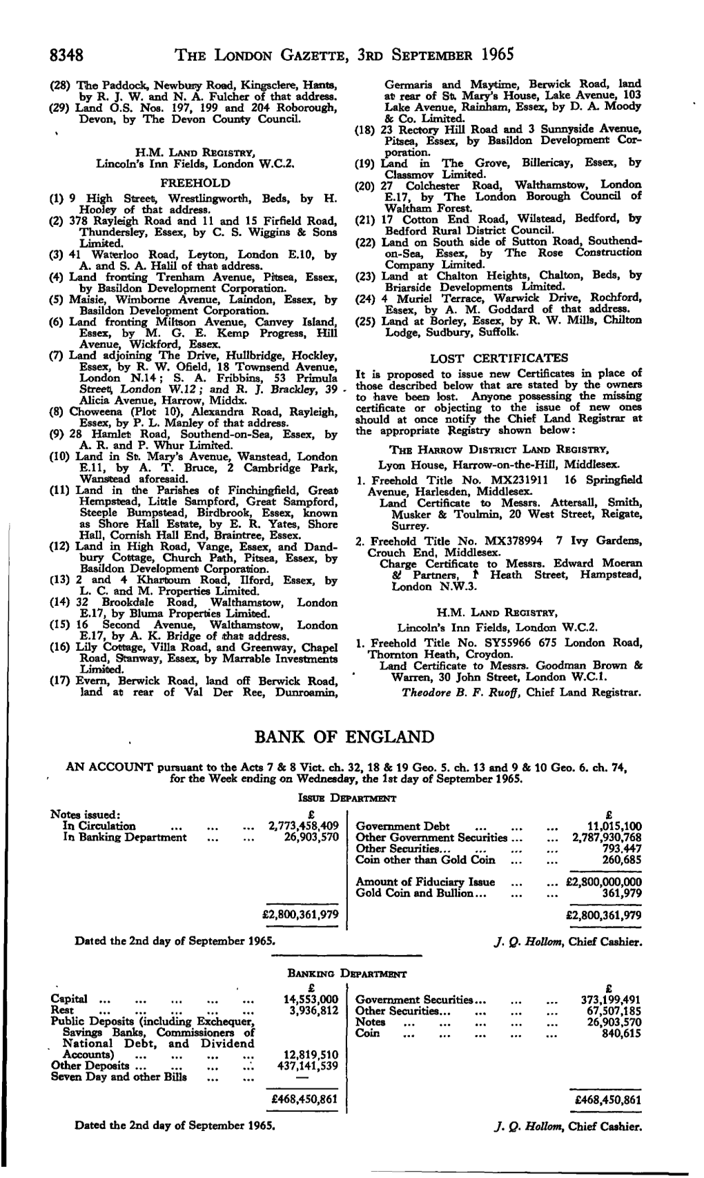 8348 the London Gazette, Srd September 1965 Bank of England