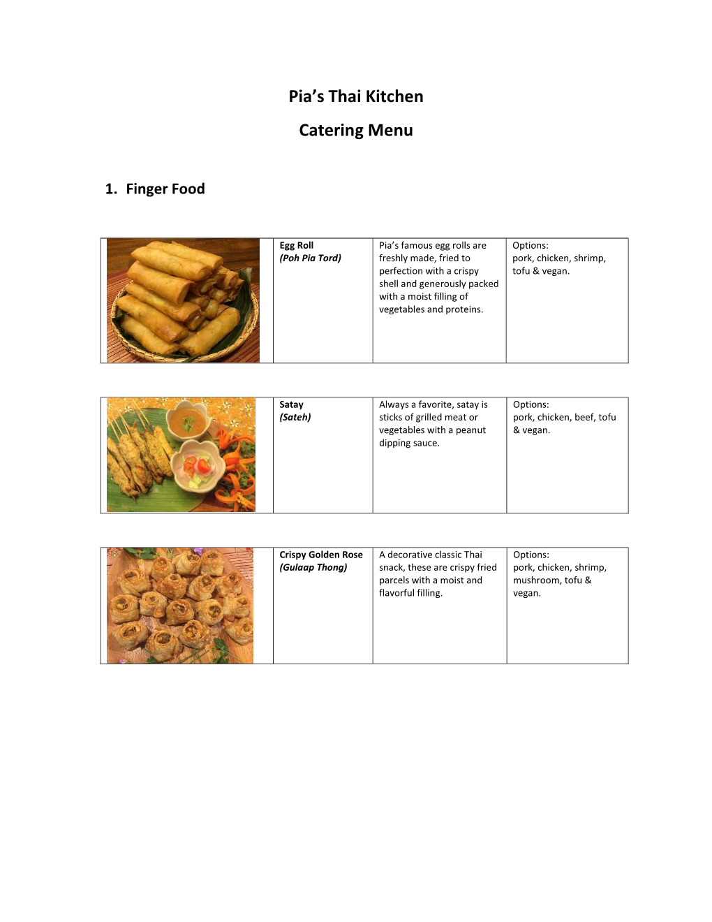 Pia's Thai Kitchen Catering Menu