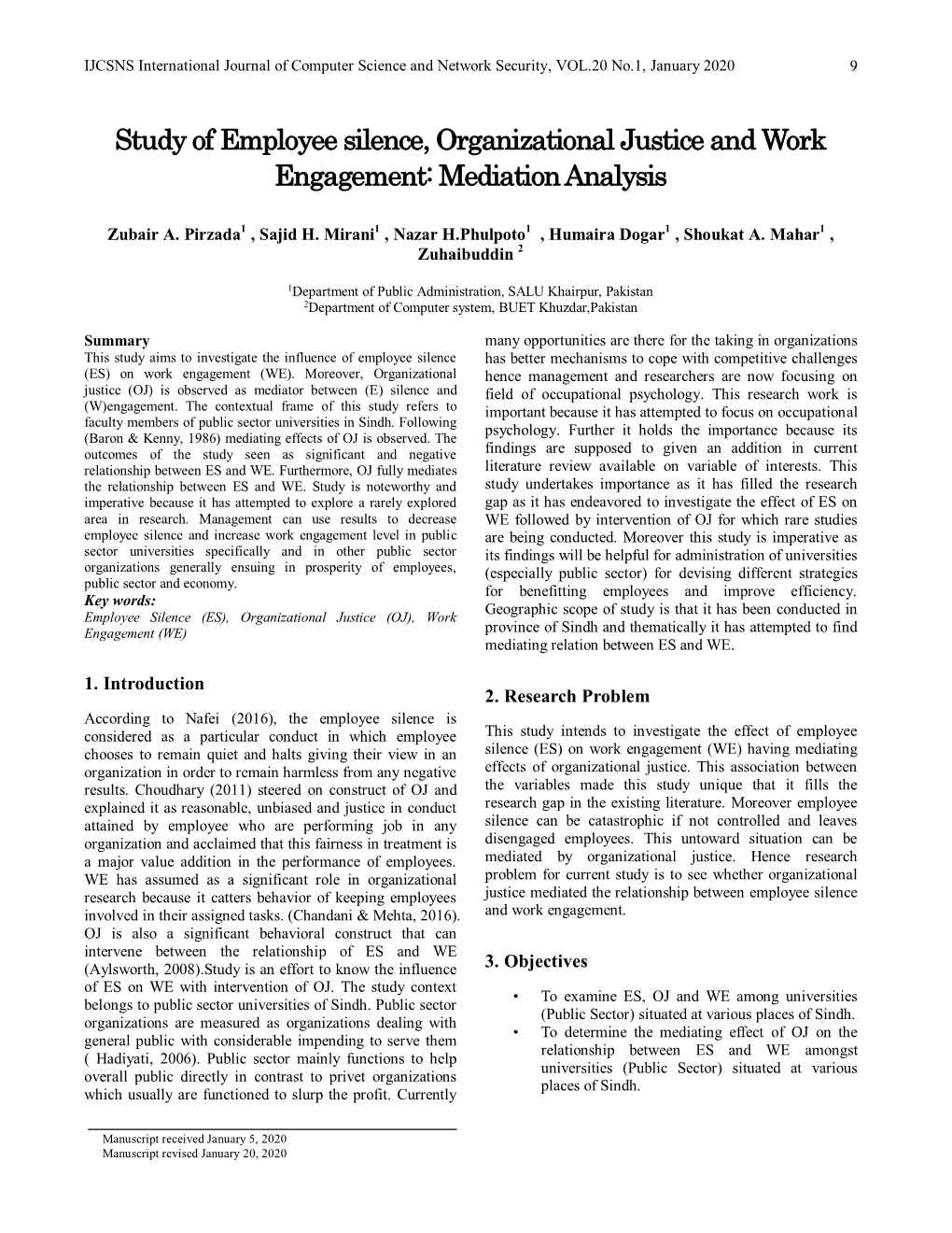 Study of Employee Silence, Organizational Justice and Work Engagement: Mediation Analysis