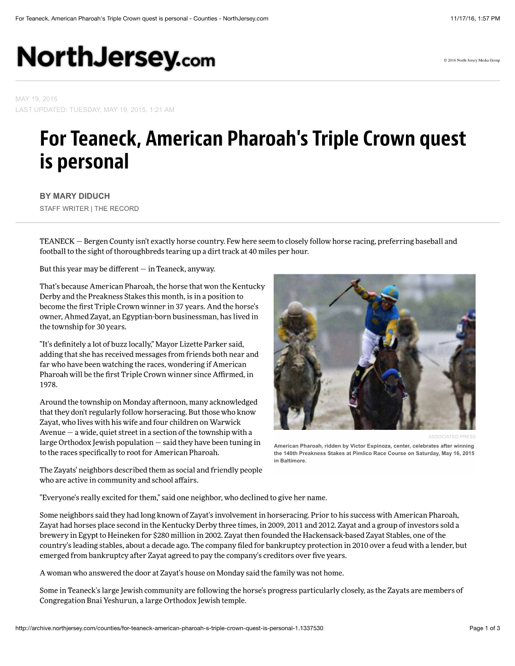 For Teaneck, American Pharoah's Triple Crown Quest Is Personal - Counties - Northjersey.Com 11/17/16, 1:57 PM