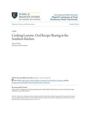 Cooking Lessons: Oral Recipe Sharing in the Southern Kitchen Alana Claxton East Tennessee State University