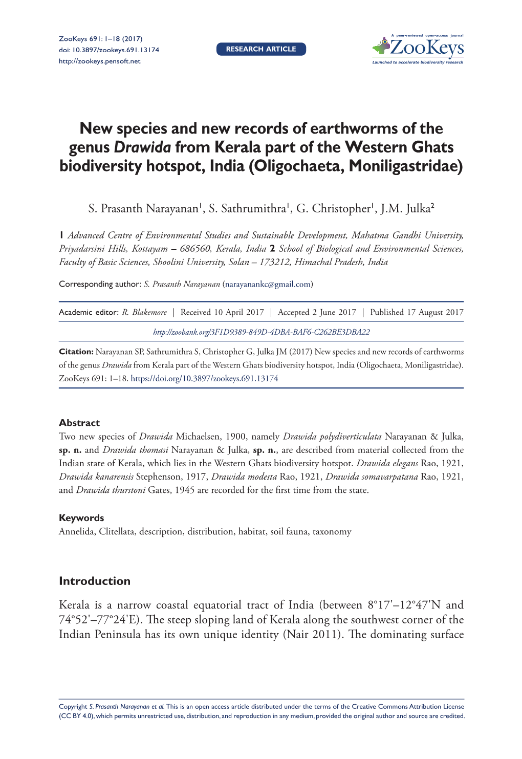 New Species and New Records of Earthworms of the Genus Drawida from Kerala Part of the Western Ghats Biodiversity Hotspot, India (Oligochaeta, Moniligastridae)