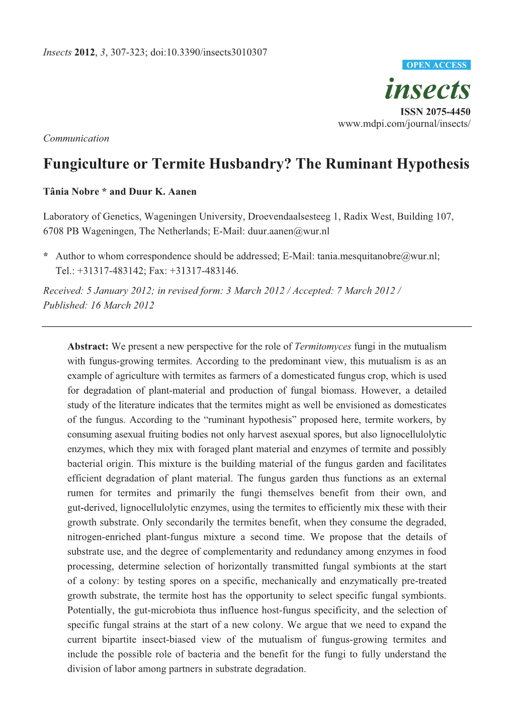 Fungiculture Or Termite Husbandry? the Ruminant Hypothesis