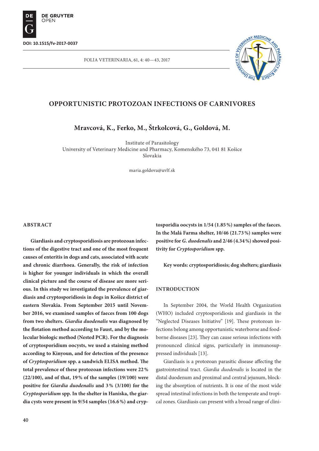 Opportunistic Protozoan Infections of Carnivores