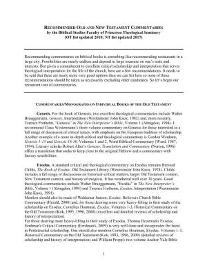 RECOMMENDED OLD and NEW TESTAMENT COMMENTARIES by the Biblical Studies Faculty of Princeton Theological Seminary (OT List Updated 2010; NT List Updated 2017)