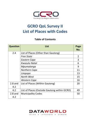 GCRO Qol Survey II List of Places with Codes
