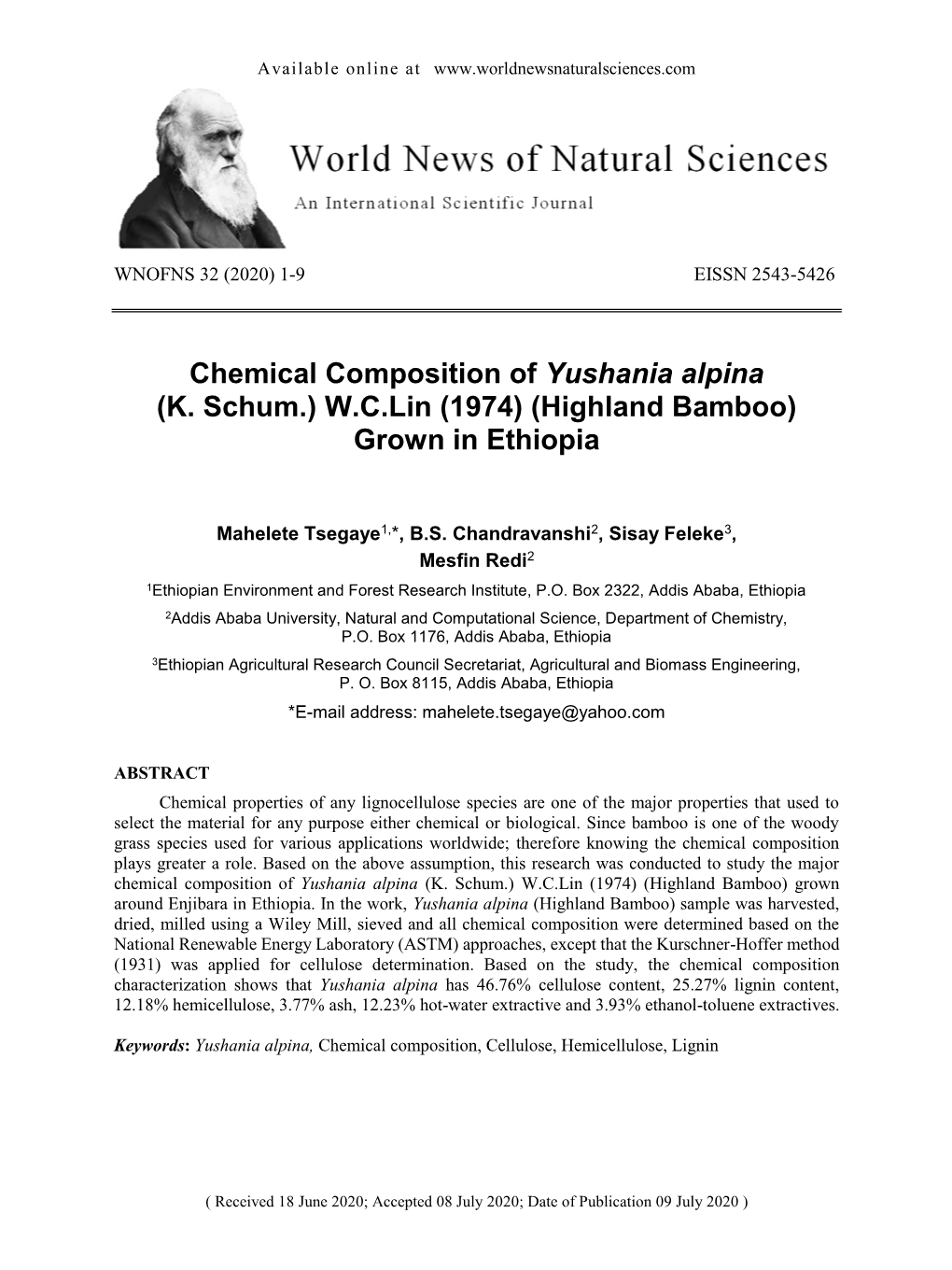 Chemical Composition of Yushania Alpina (K. Schum.) W.C.Lin (1974) (Highland Bamboo) Grown in Ethiopia