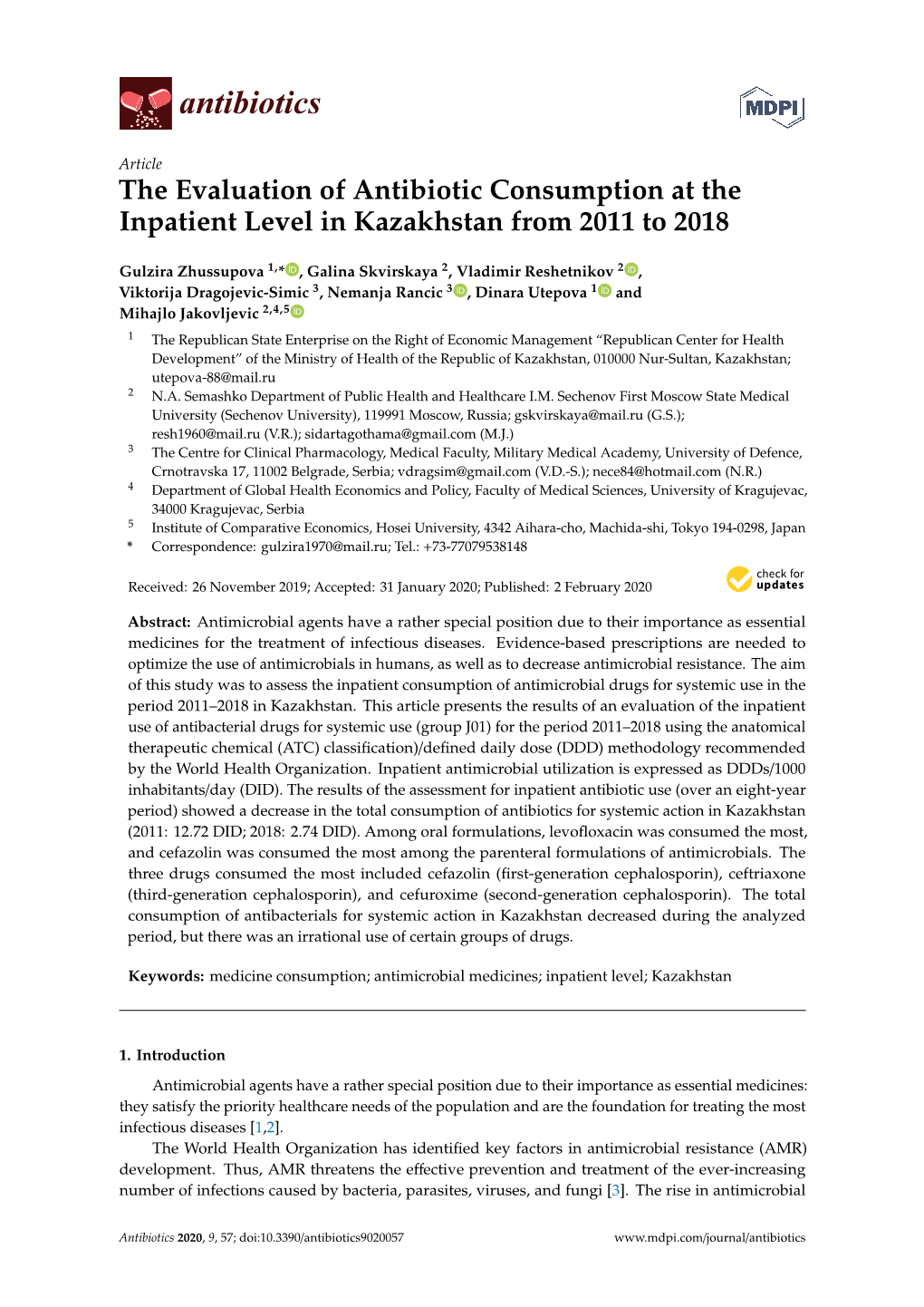 The Evaluation of Antibiotic Consumption at the Inpatient Level in Kazakhstan from 2011 to 2018