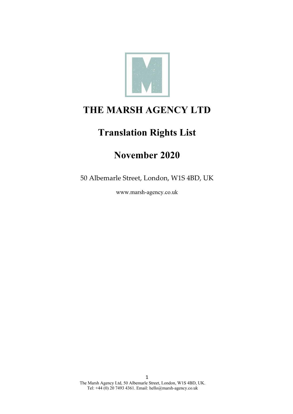 THE MARSH AGENCY LTD Translation Rights List November