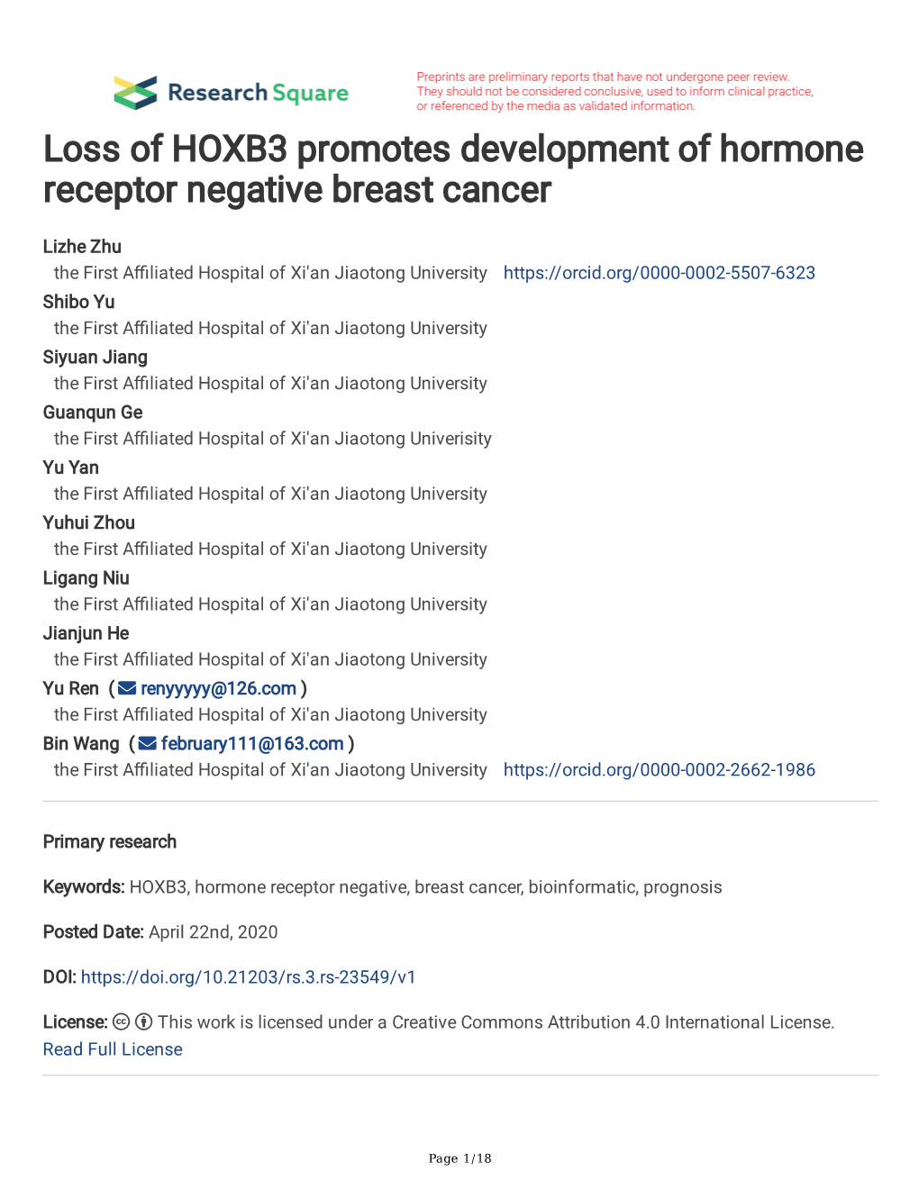 Loss of HOXB3 Promotes Development of Hormone Receptor Negative Breast Cancer