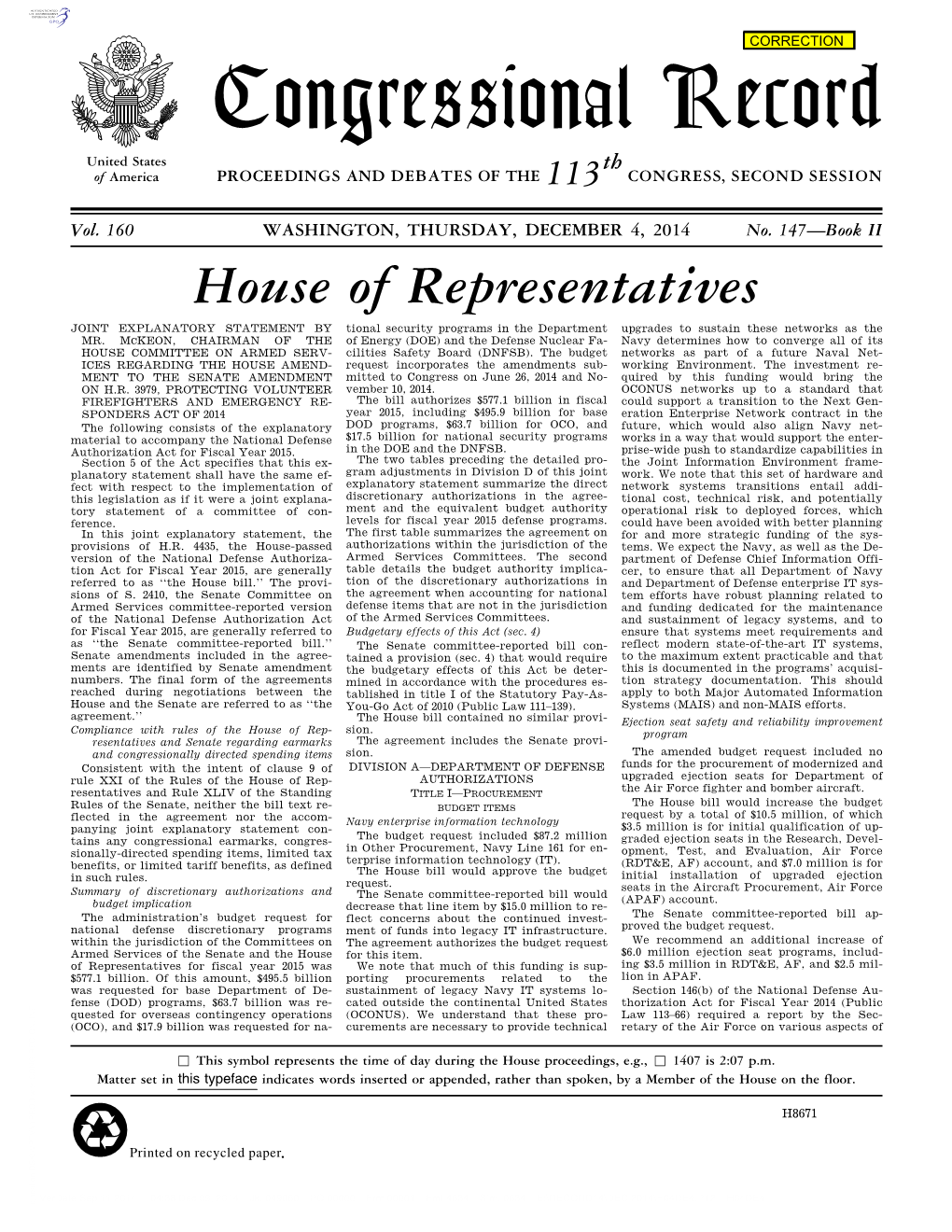 Congressional Record United States Th of America PROCEEDINGS and DEBATES of the 113 CONGRESS, SECOND SESSION