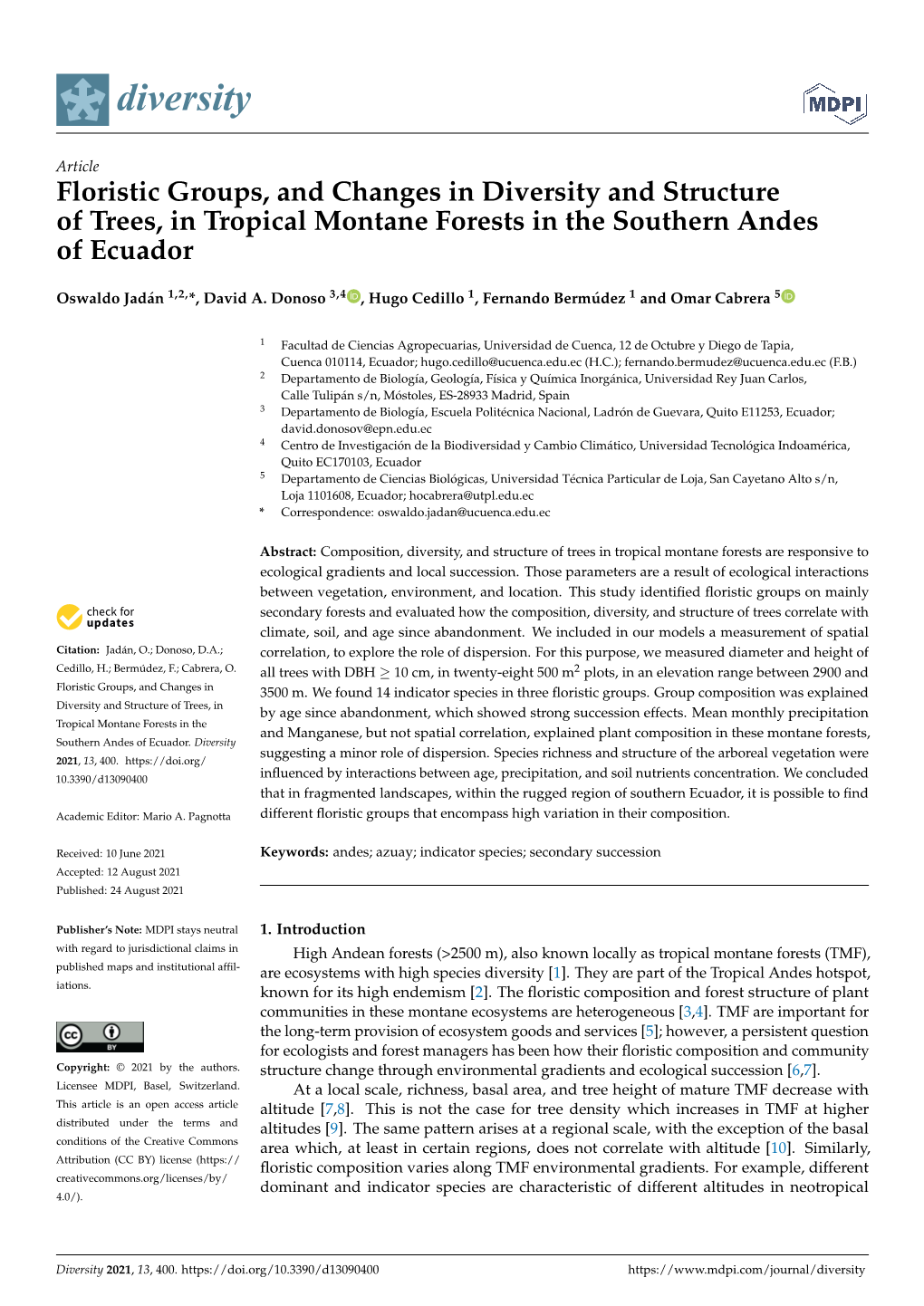 Floristic Groups, and Changes in Diversity and Structure of Trees, in Tropical Montane Forests in the Southern Andes of Ecuador