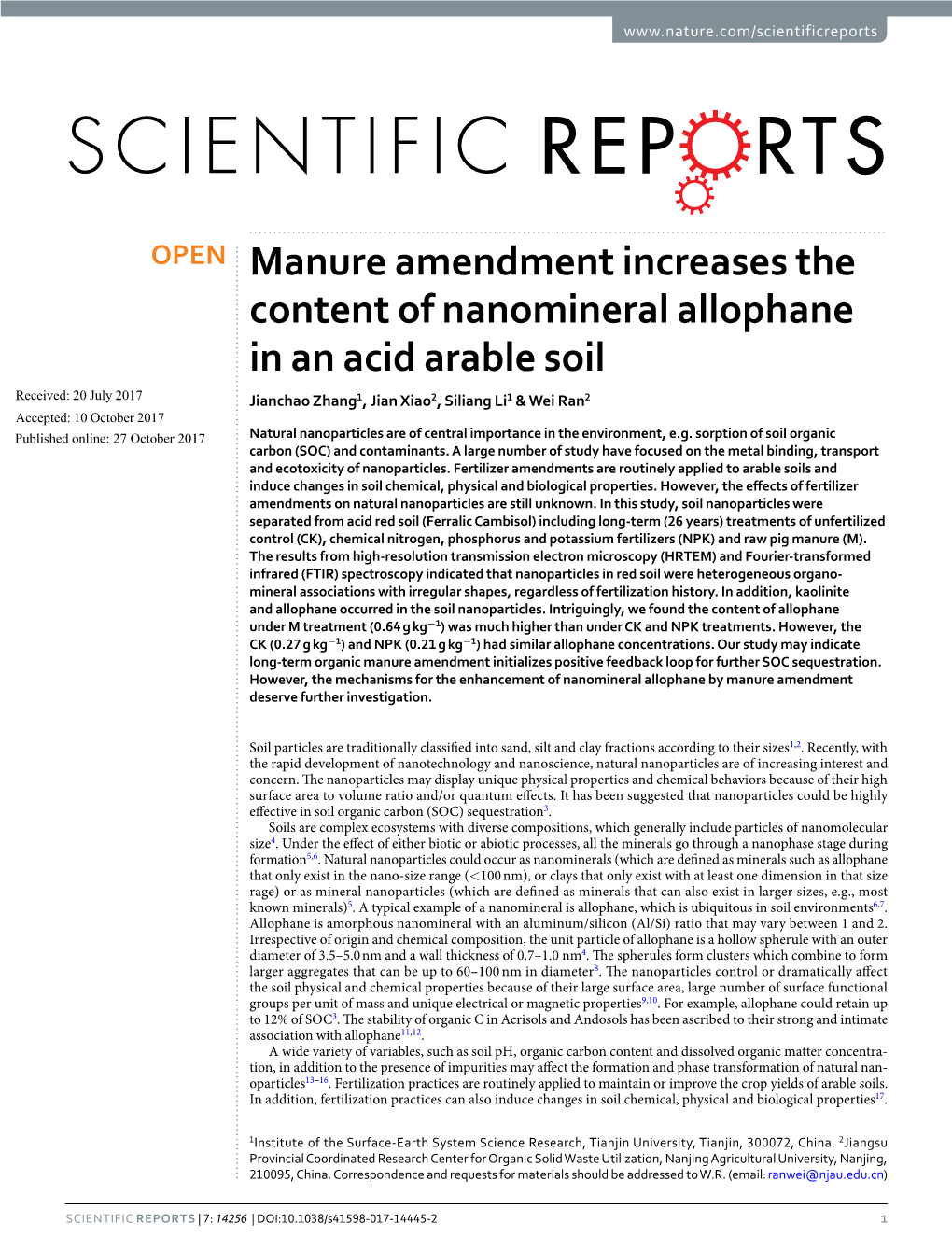 Manure Amendment Increases the Content of Nanomineral Allophane