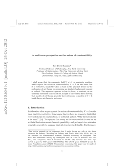 Arxiv:1210.6541V1 [Math.LO] 24 Oct 2012 Uy2,2018 27, July E Hoit Fe Ru Gis H Xo Fconstructibility of Axiom the Against Argue Often Theorists Set Introduction 1