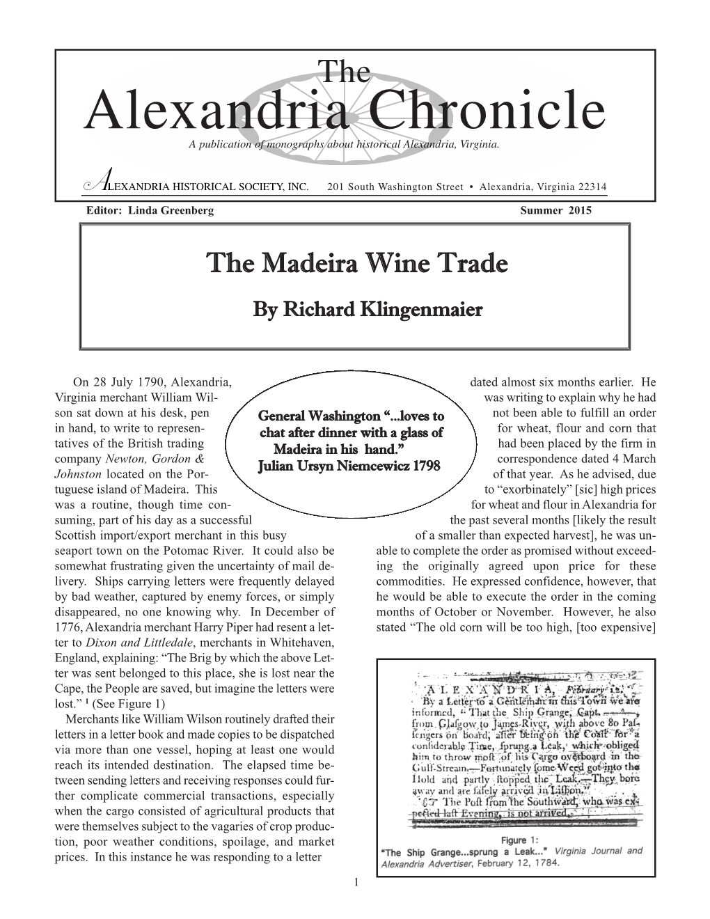 Alexandria Chronicle a Publication of Monographs About Historical Alexandria, Virginia