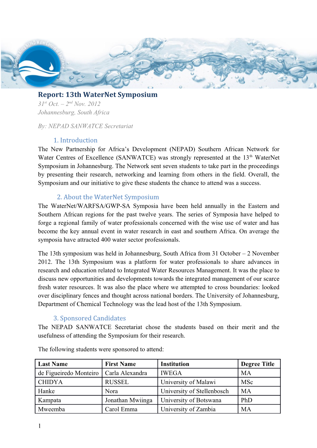 Report: 13Th Waternet Symposium
