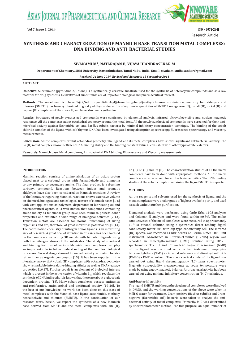 Synthesis and Characterization of Mannich Base Transition Metal Complexes: Dna Binding and Anti-Bacterial Studies