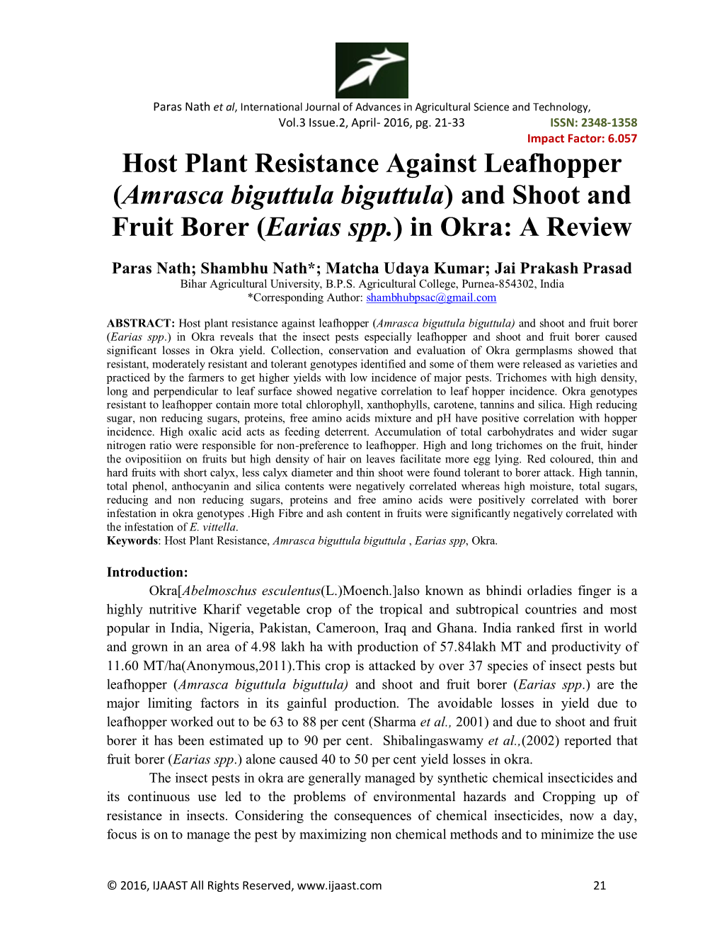 Host Plant Resistance Against Leafhopper (Amrasca Biguttula Biguttula) and Shoot and Fruit Borer (Earias Spp.) in Okra: a Review