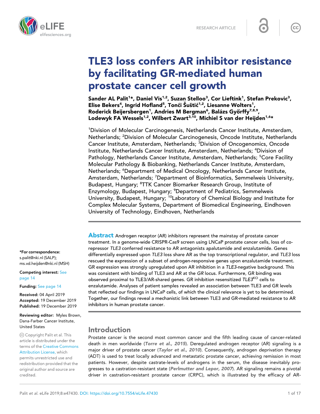 TLE3 Loss Confers AR Inhibitor Resistance by Facilitating GR