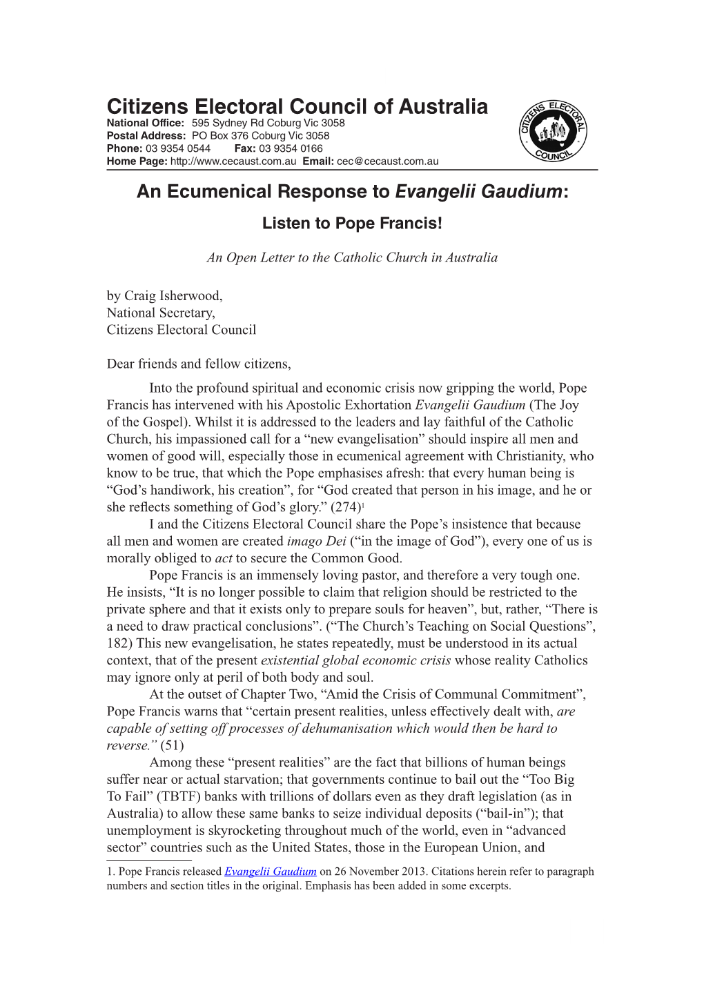 An Ecumenical Response to Evangelii Gaudium: Listen to Pope Francis!