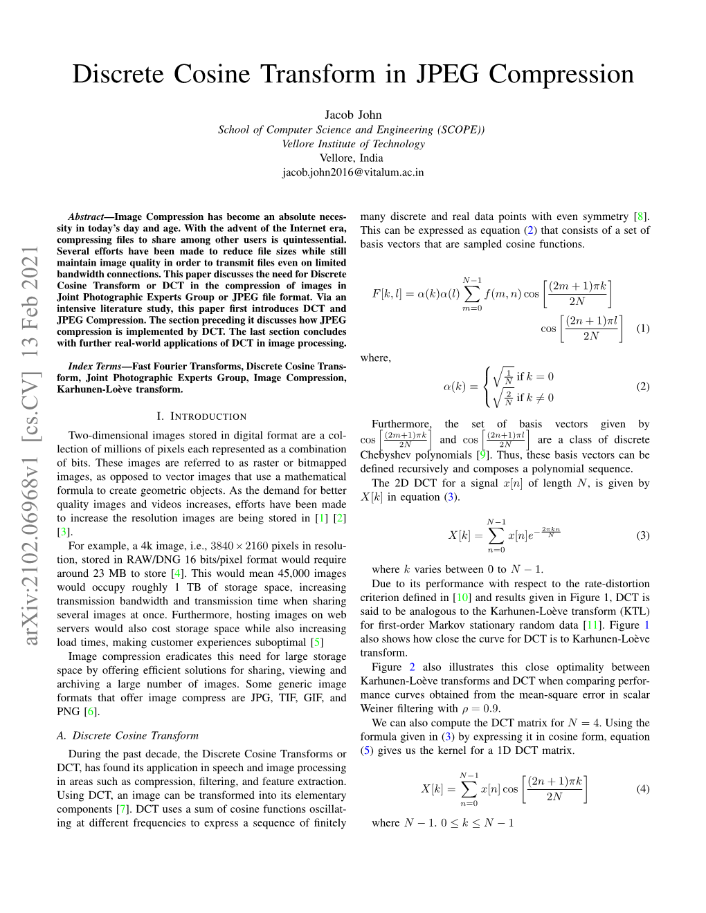 Discrete Cosine Transform in JPEG Compression