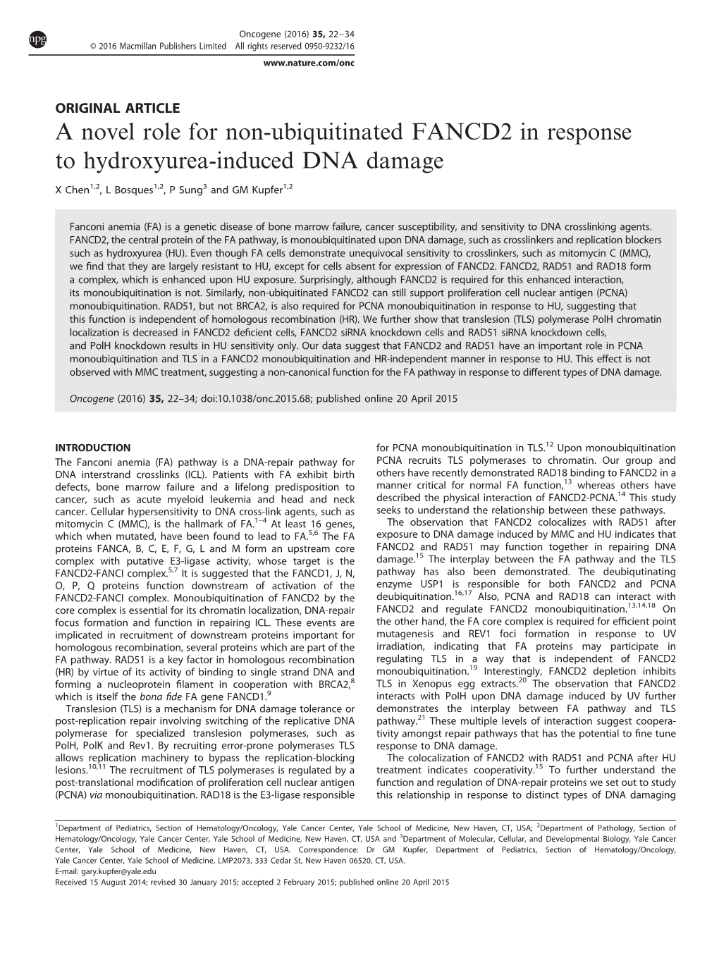 A Novel Role for Non-Ubiquitinated FANCD2 in Response to Hydroxyurea-Induced DNA Damage