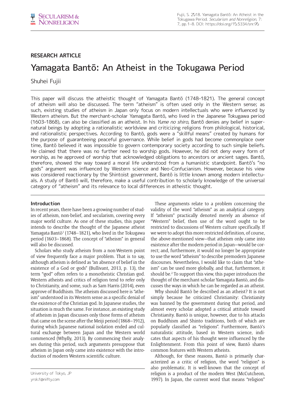 Yamagata Bantō: an Atheist in the Tokugawa Period