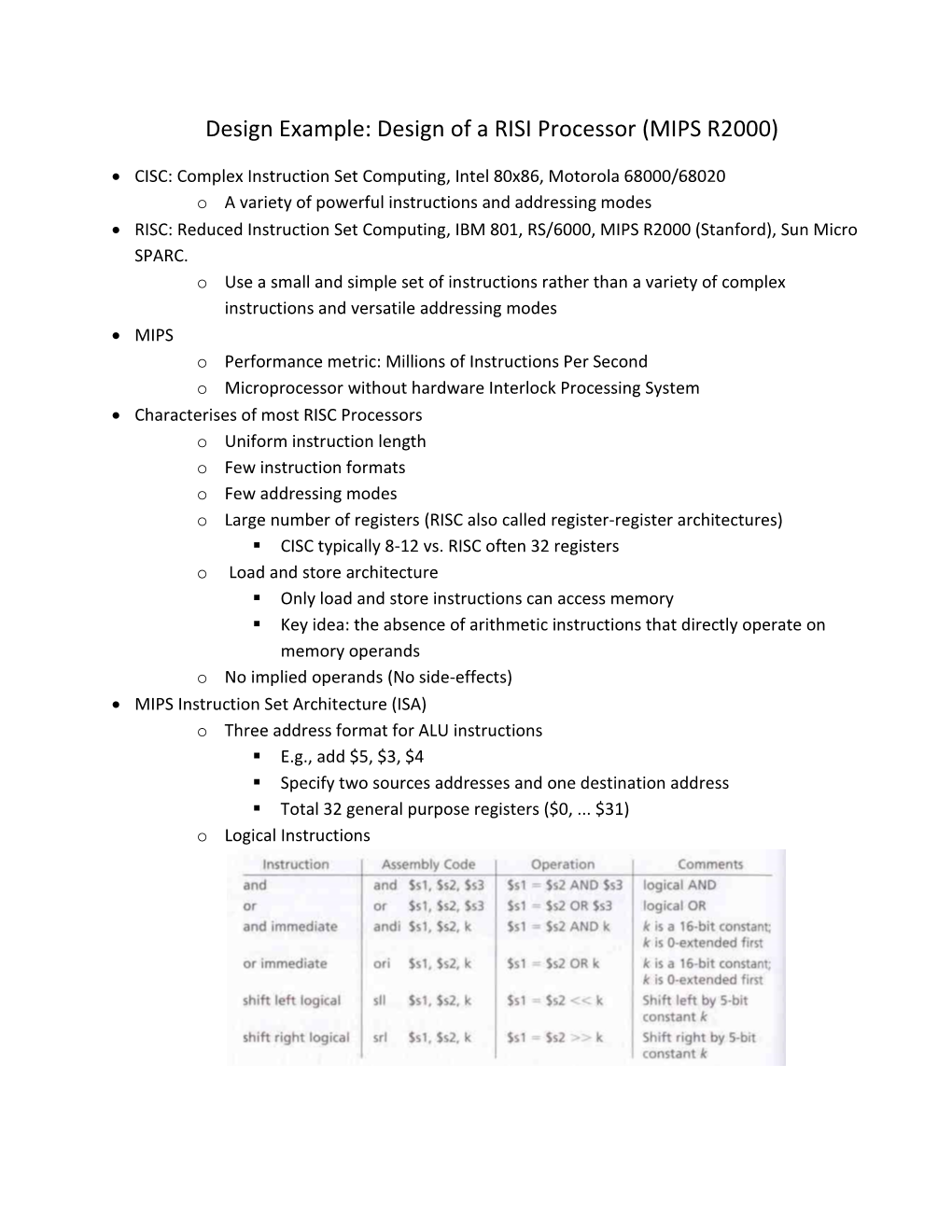 Design Example: Design of a RISI Processor (MIPS R2000)