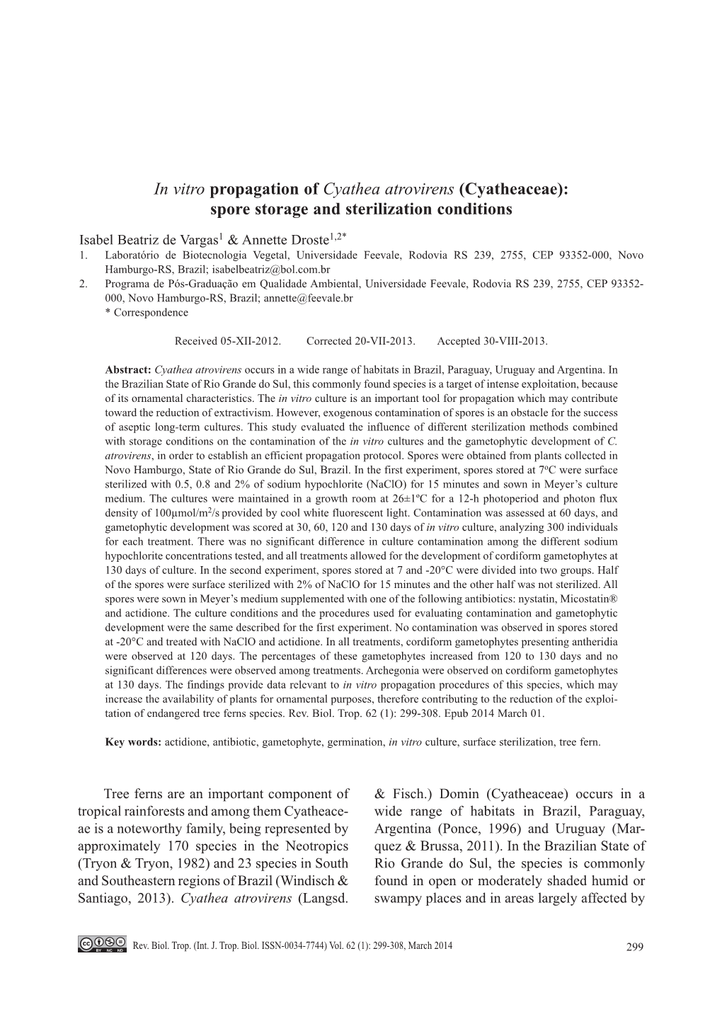 In Vitro Propagation of Cyathea Atrovirens (Cyatheaceae): Spore Storage and Sterilization Conditions