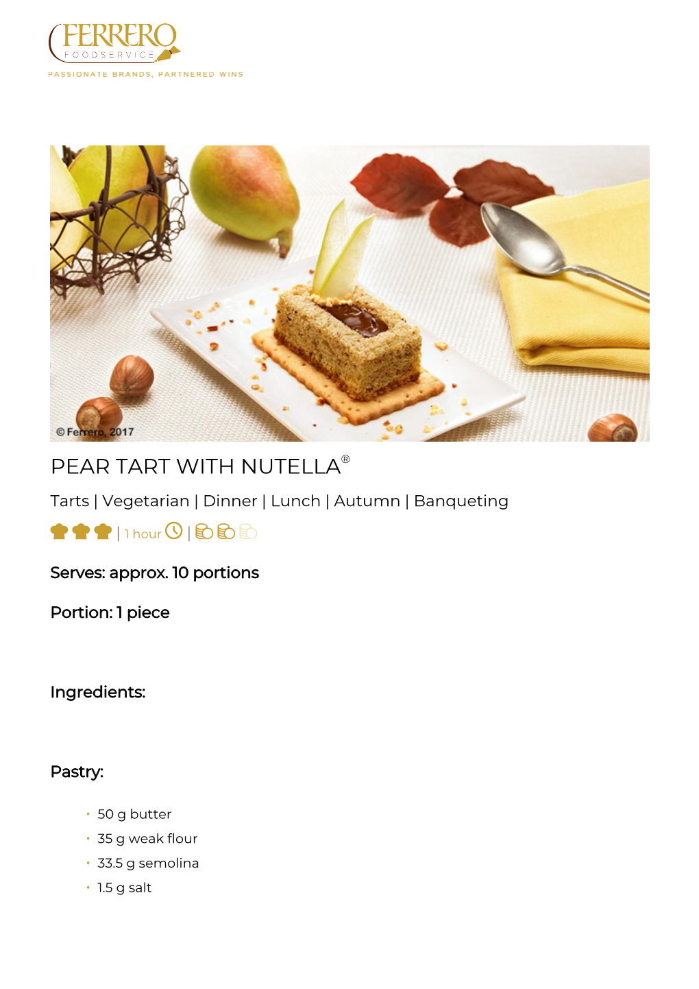 PEAR TART with NUTELLA® Tarts | Vegetarian | Dinner | Lunch | Autumn | Banqueting