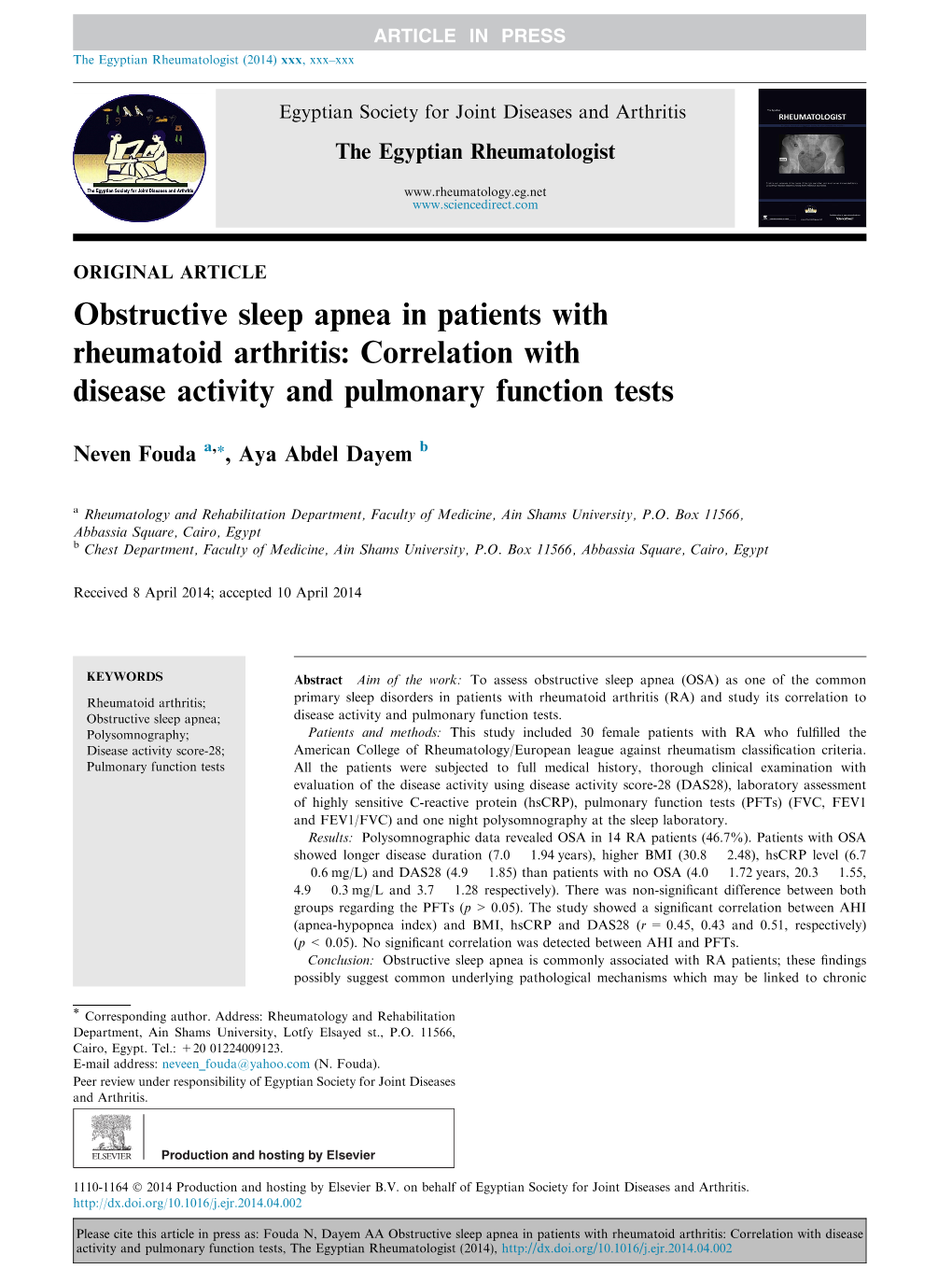 Obstructive Sleep Apnea in Patients with Rheumatoid Arthritis: Correlation with Disease Activity and Pulmonary Function Tests