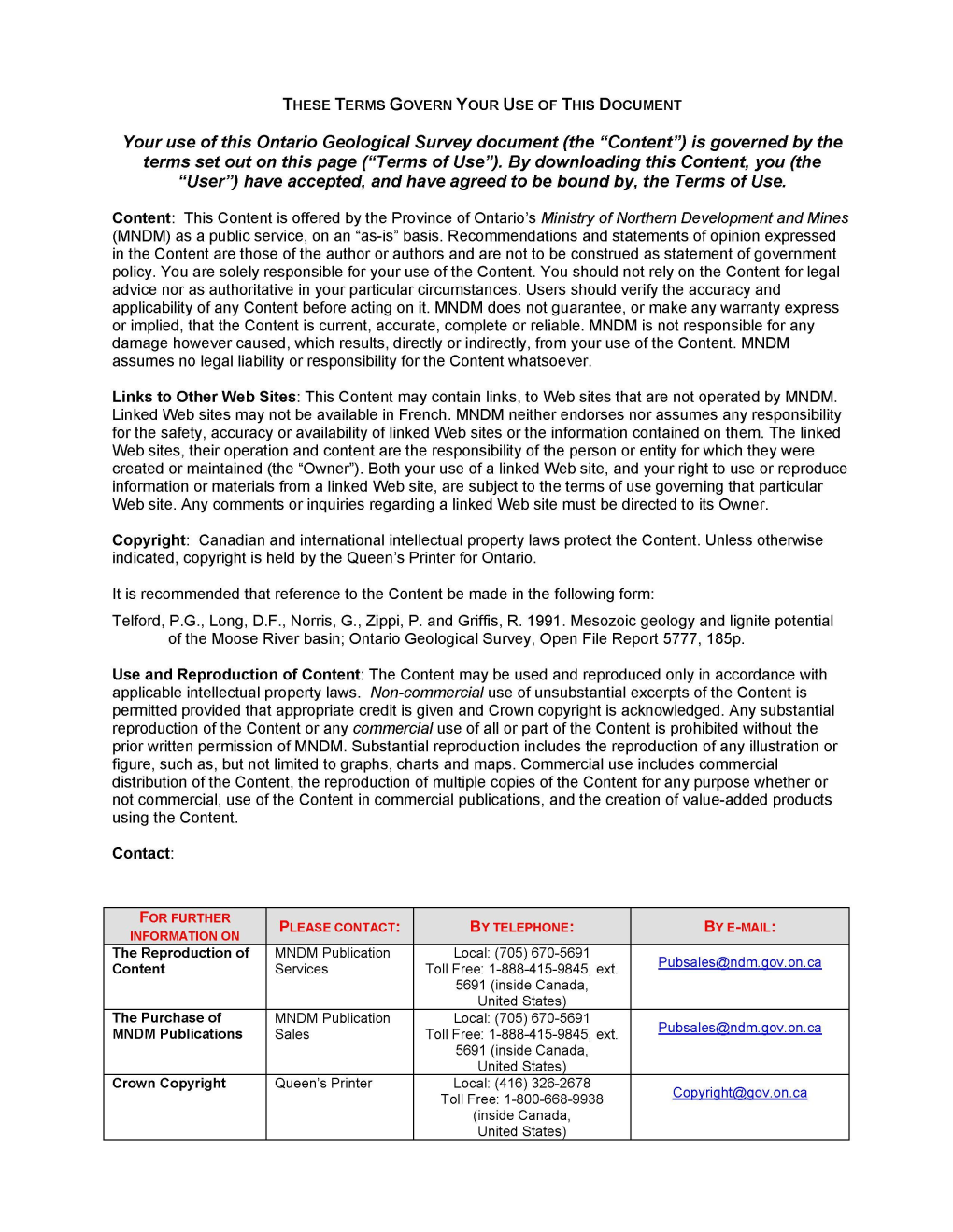 Your Use of This Ontario Geoiogicai Survey Document (The "Content") Is Governed by the Terms Set out on This Page ("Terms of Use")