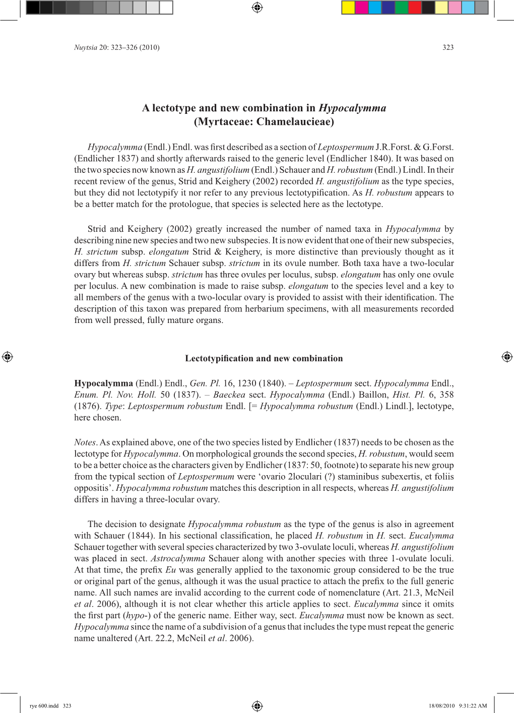 A Lectotype and New Combination in Hypocalymma (Myrtaceae: Chamelaucieae)