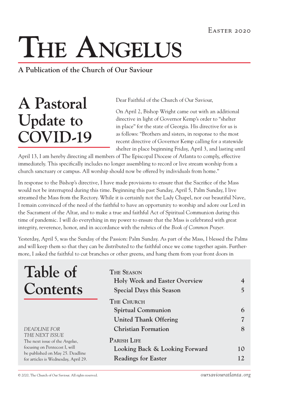 Easter 2020 the Angelus a Publication of the Church of Our Saviour