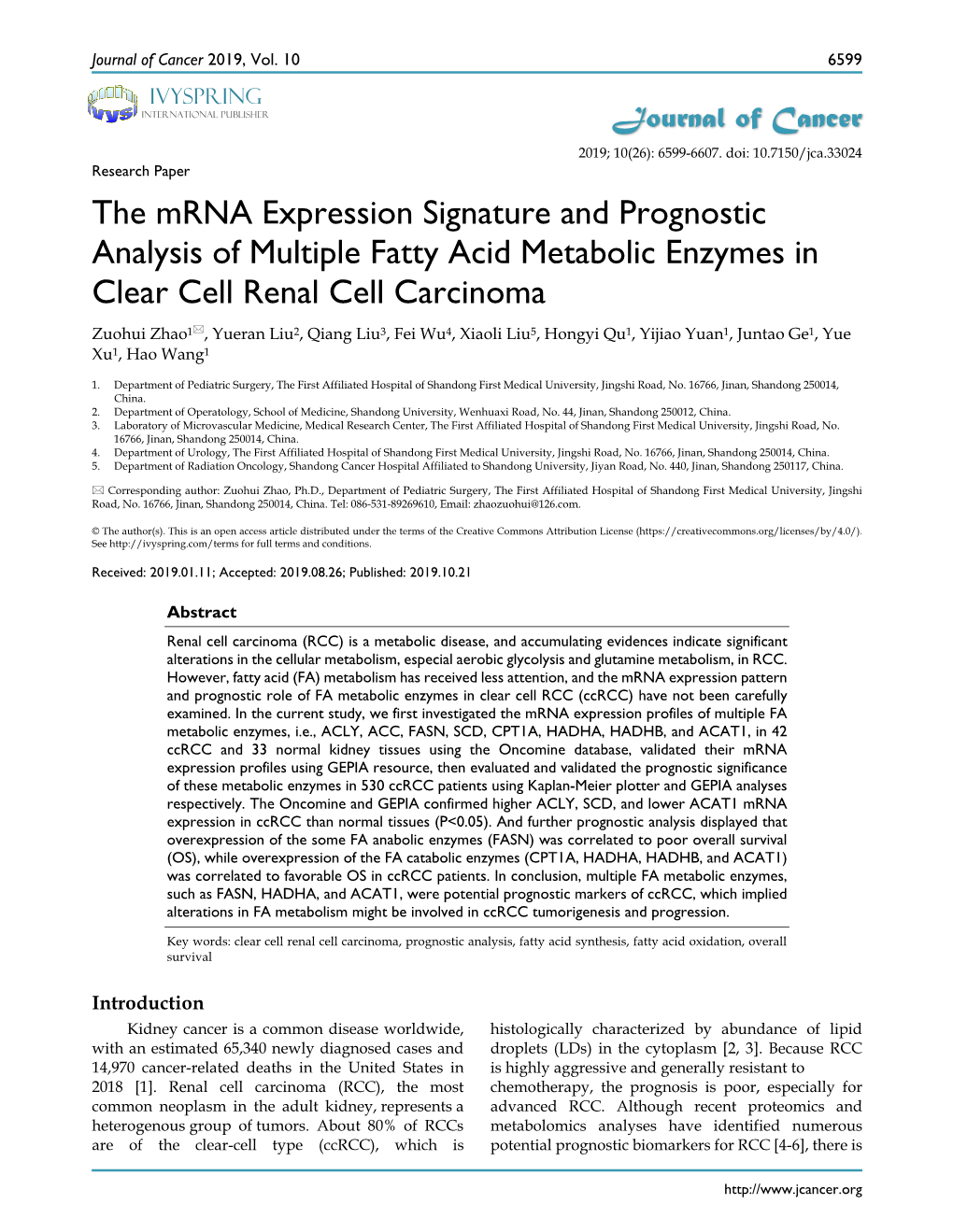 The Mrna Expression Signature and Prognostic Analysis of Multiple Fatty