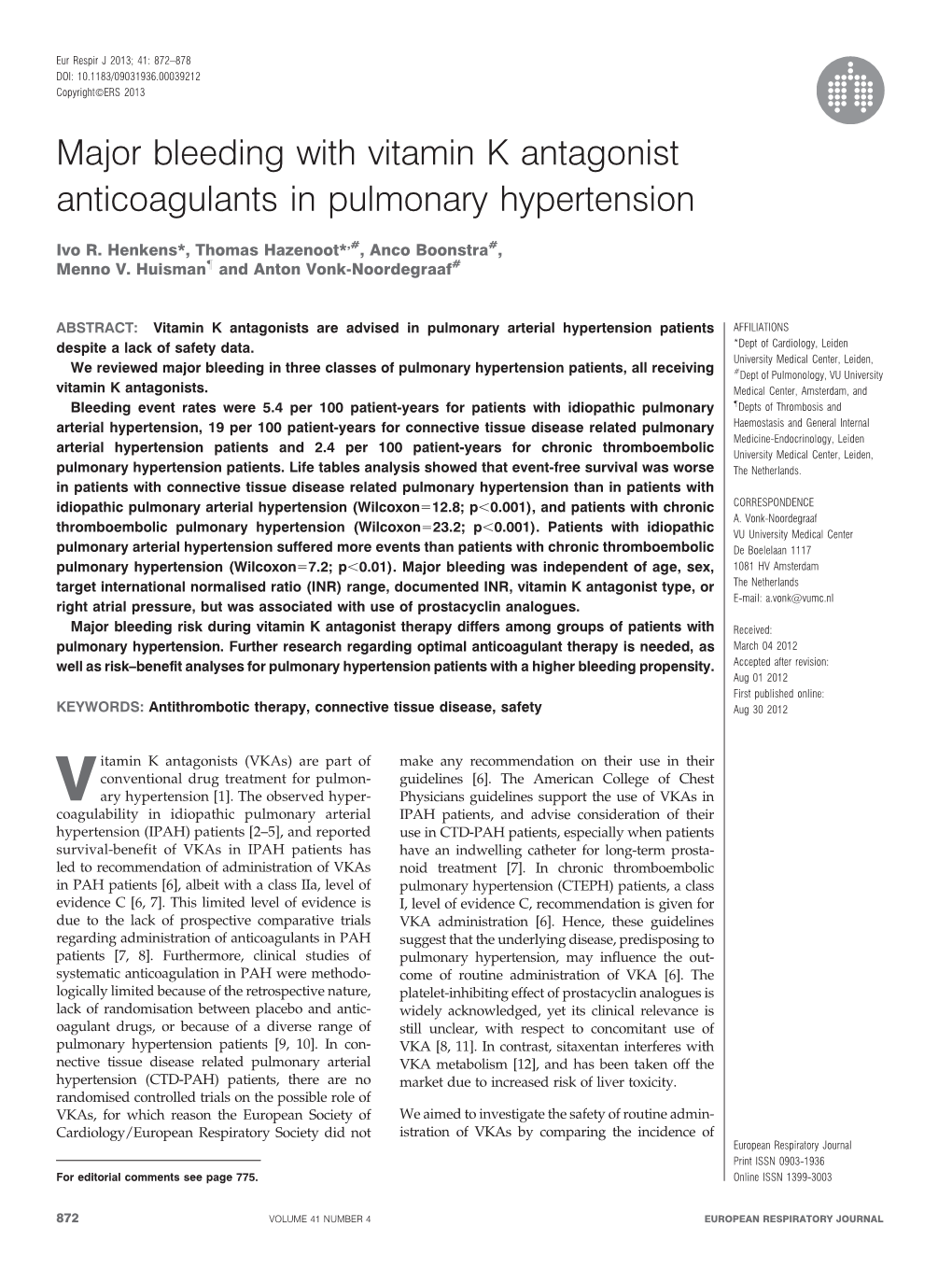 Major Bleeding with Vitamin K Antagonist Anticoagulants in Pulmonary Hypertension