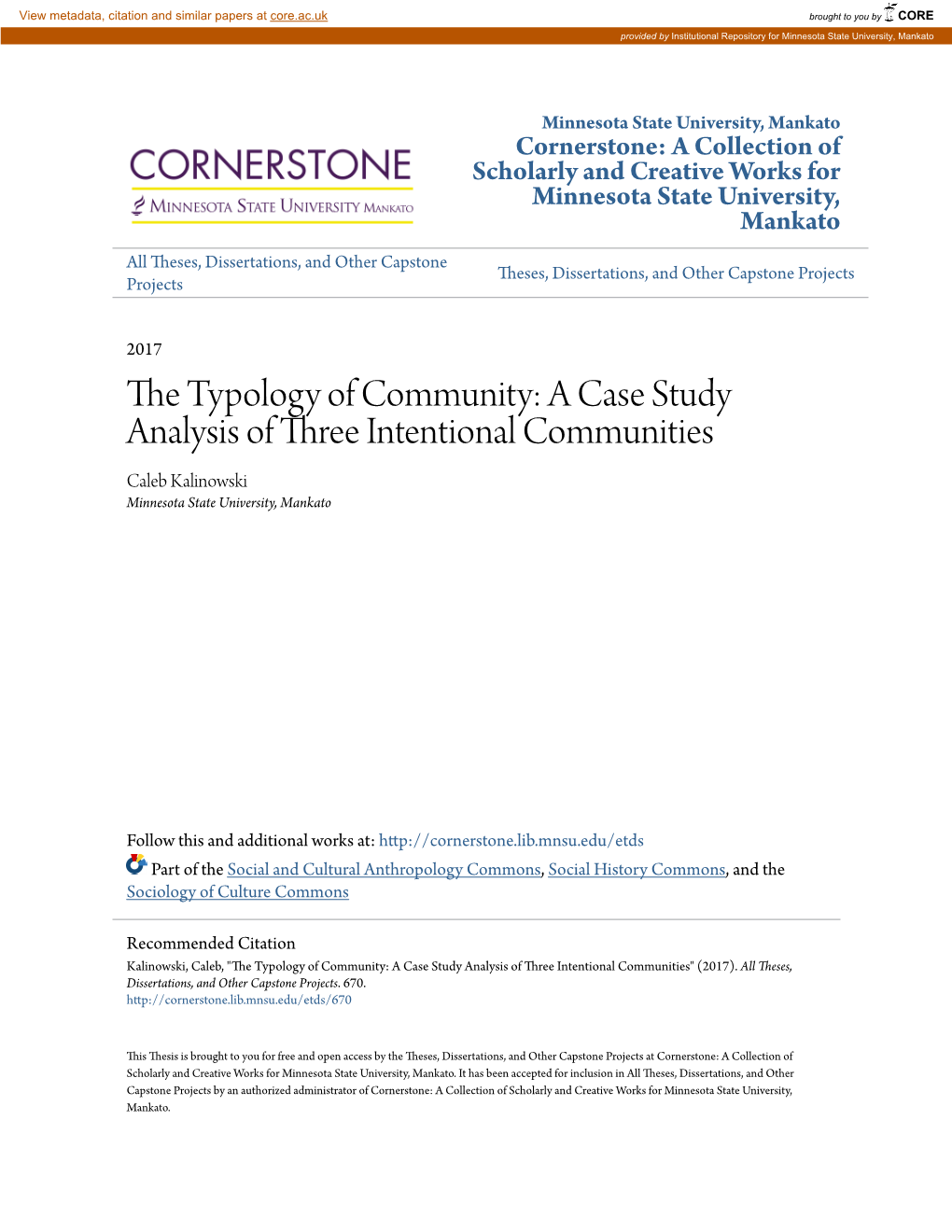 The Typology of Community: a Case Study Analysis of Three Intentional Communities